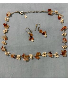 Orange Carnelian & Pearl Bead Necklace and Earring Set